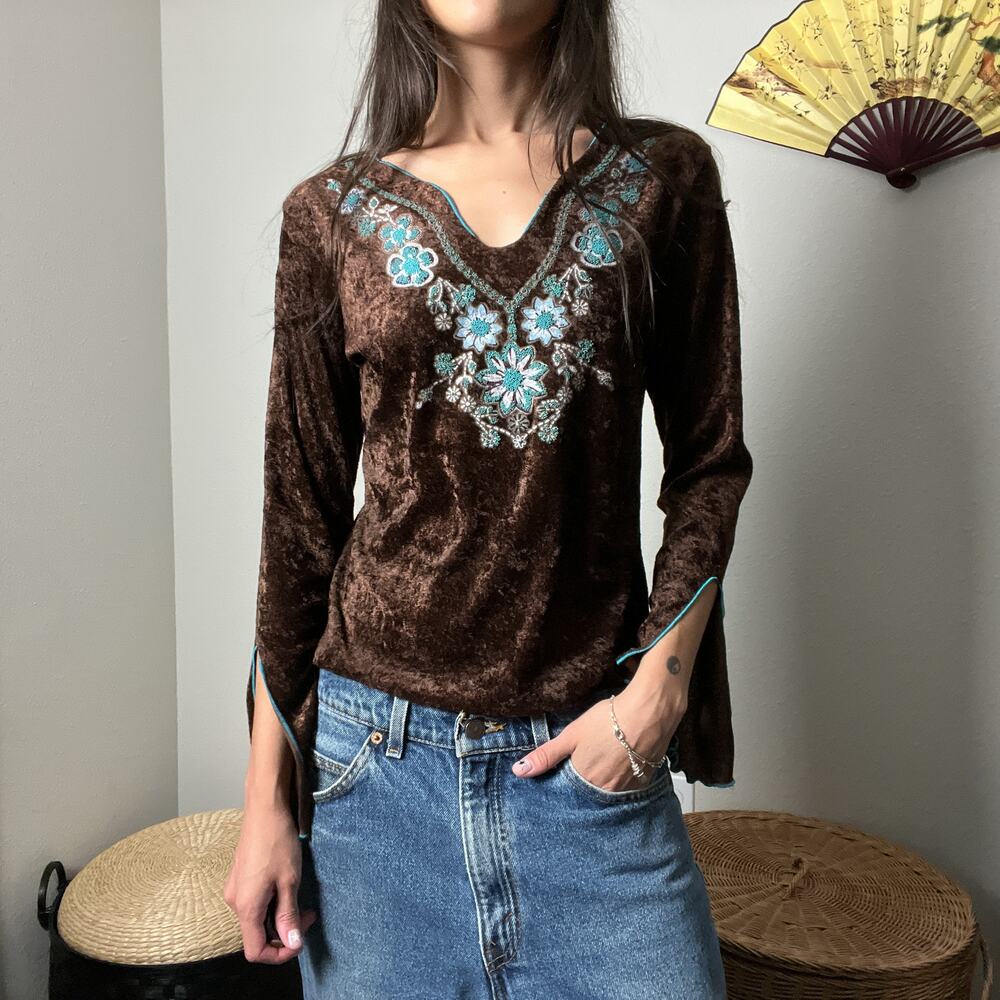 y2k boho brown velvet floral v neck flutter flare sleeve long sleeve top by mkm